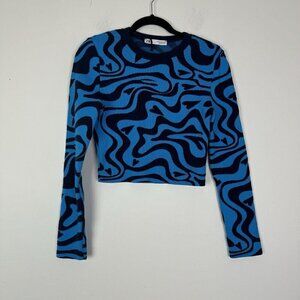 Zara Blue Black Swirl Hearts Cropped Long Sleeve Sweater Size Medium